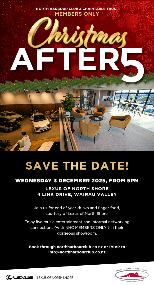 Promotional poster for North Harbour Club's Members Only Christmas After 5 event, taking place Wednesday 3 December 2025 at Lexus of North Shore, Wairau Valley. Includes event details and contact information.