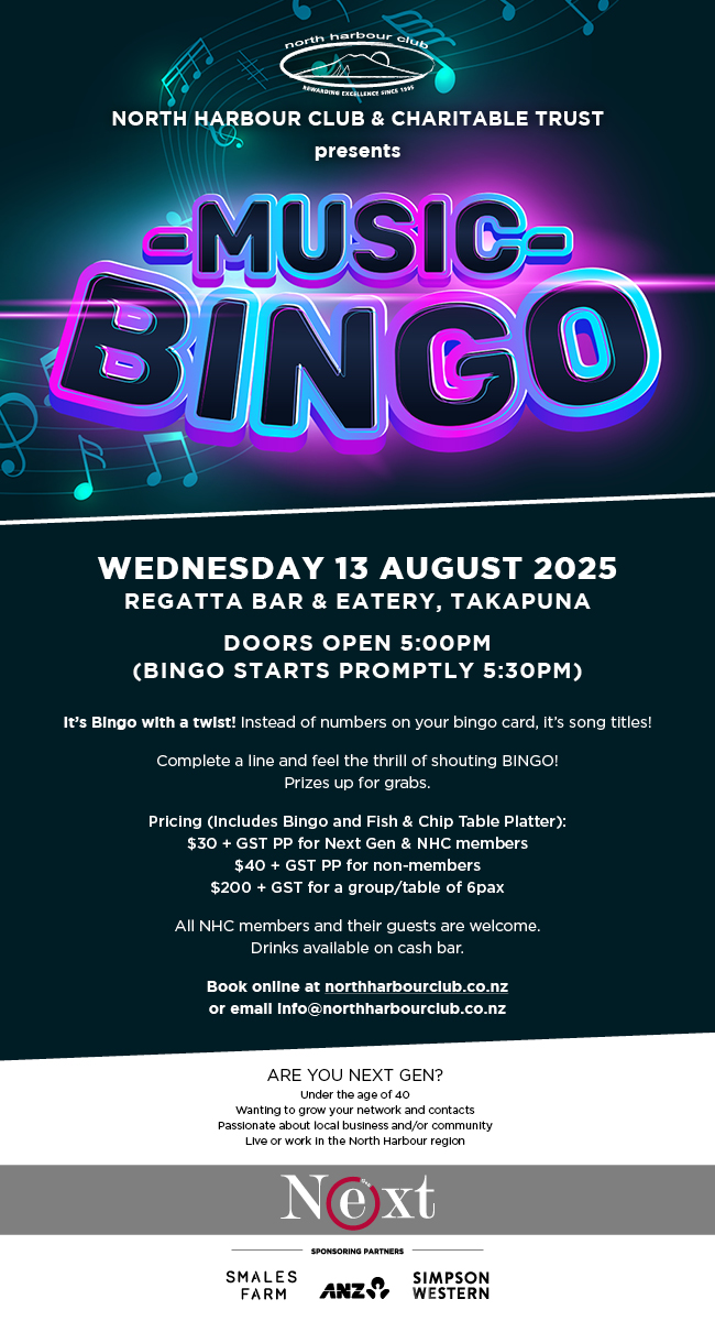 Promotional poster for North Harbour Club’s Music Bingo Night on Wednesday 13 August 2025 at Regatta Bar & Eatery, Takapuna, with event details, pricing, and booking information.