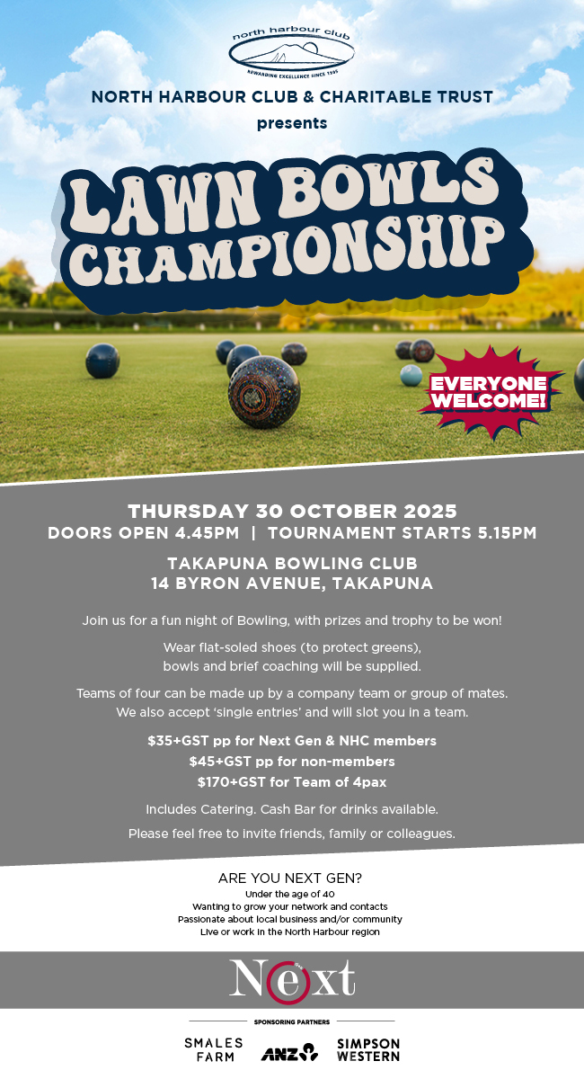 Promotional poster for North Harbour Club’s Lawn Bowls Championship on Thursday 30 October 2025 at Takapuna Bowling Club, with event details, pricing, and booking information.