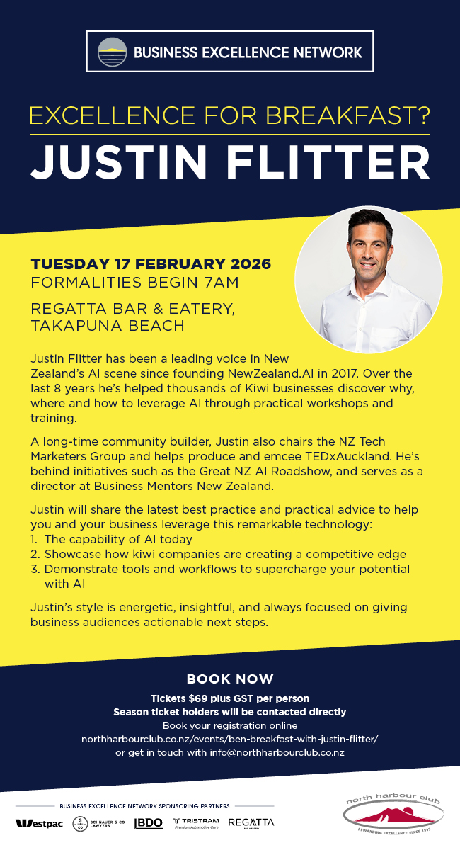 Promotional poster for North Harbour Club’s BEN Breakfast with Justin Flitter on Tuesday 17 February 2026 at Regatta Bar & Eatery, Takapuna Beach, including event details and booking information.