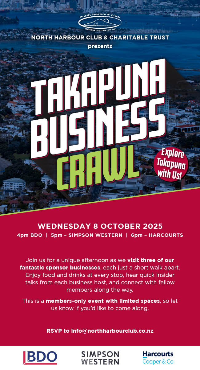 Promotional poster for North Harbour Club’s Takapuna Business Crawl on Wednesday 8 October 2025, visiting BDO, Simpson Western, and Harcourts with event details and RSVP information.