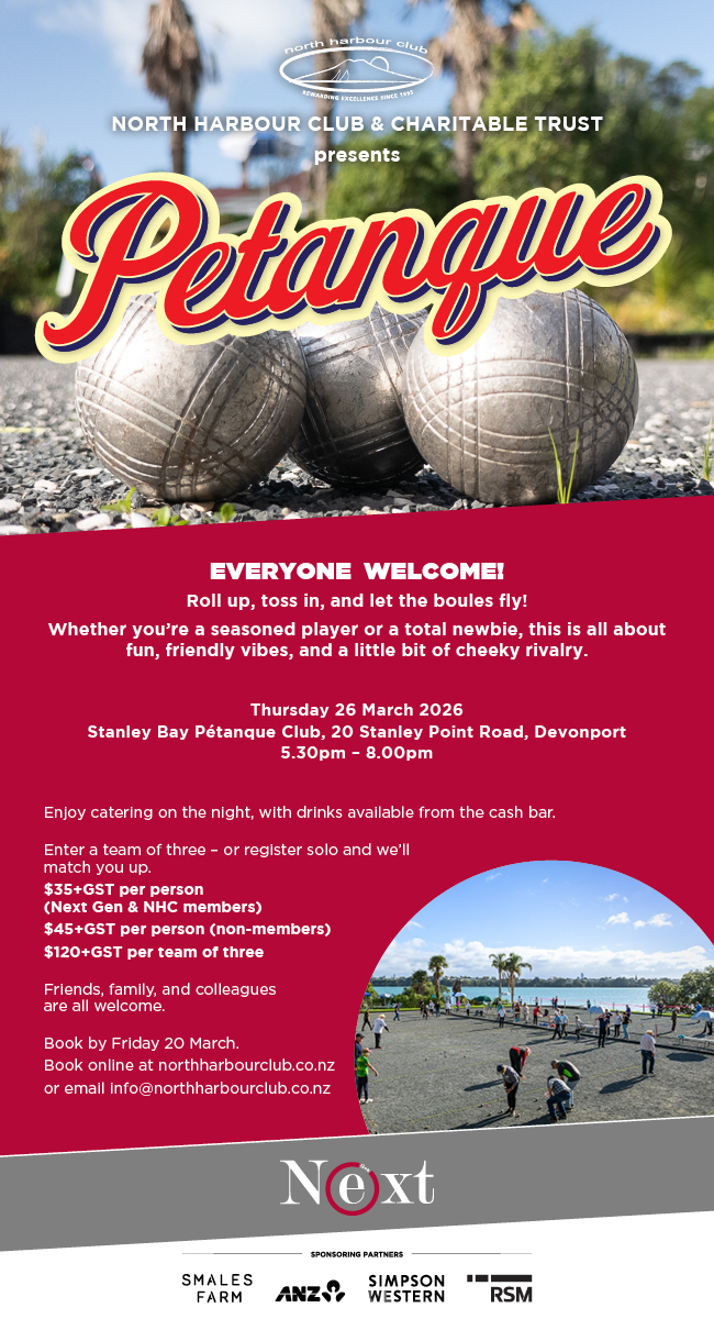 Join the North Harbour Club Petanque event on 26 March 2026 at Stanley Bay Pétanque Club, Devonport, Auckland for fun, friendly competition and catering.