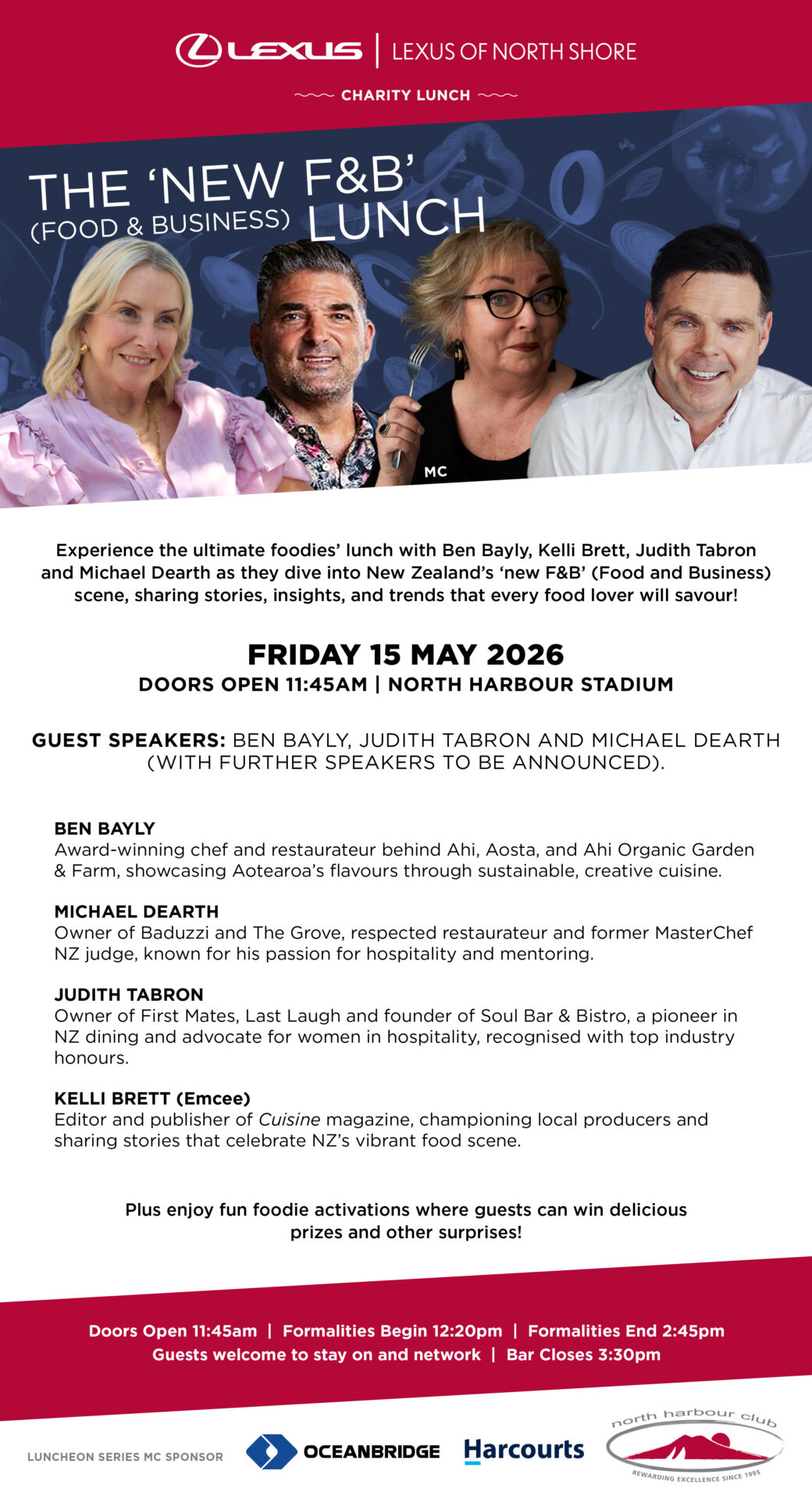 Lexus of North Shore Food & Business Charity Lunch hosted by North Harbour Club at North Harbour Stadium on 15 May 2026, featuring Ben Bayly, Michael Dearth, and emcee Kelli Brett.
