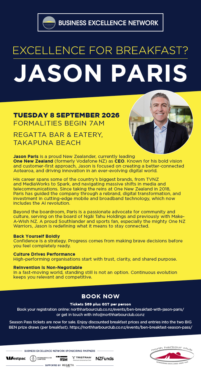 BEN Breakfast Jason Paris, CEO of One New Zealand 8 September 2026, hosting by North Harbour Club
