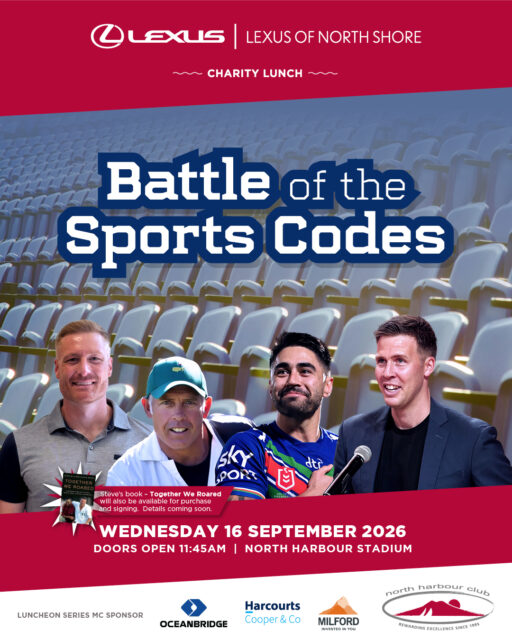 Join the Lexus of North Shore Battle of the Sports Code Lunch hosted by North Harbour Club on 16 September 2026 at North Harbour Stadium with Tom Abercrombie, Martin Guptill, Steve Williams emceed by Laura McGoldrick Lexus of North Shore Battle of the Sports Codes Lunch