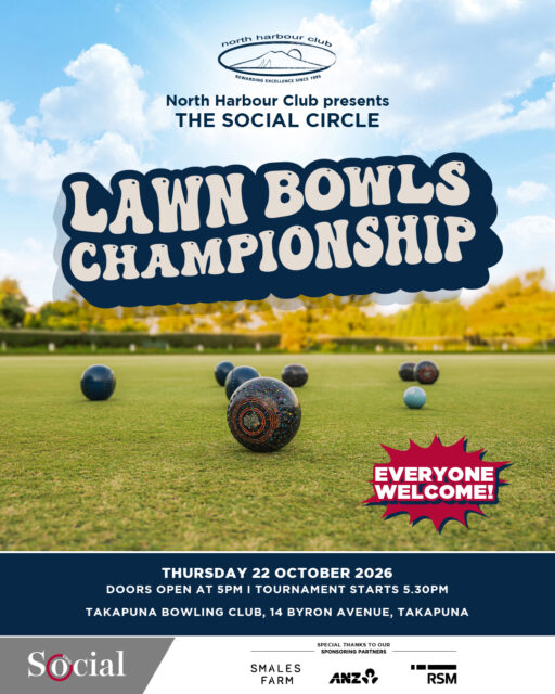 Promotional poster for North Harbour Club’s Lawn Bowls Championship on Thursday 22 October 2026 at Takapuna Bowling Club, with event details, pricing, and booking information.
