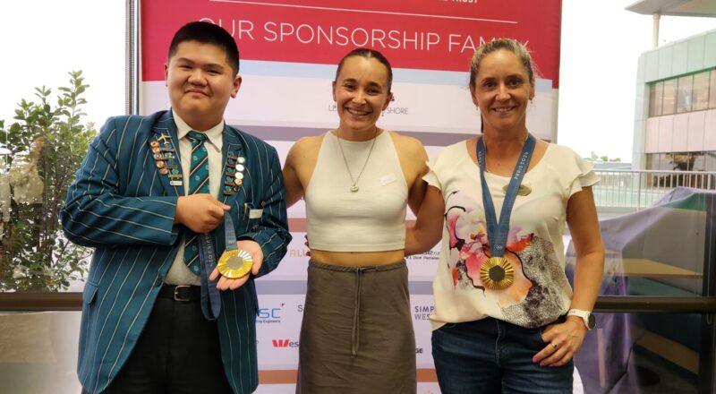 AIMES Winners Network alumni Aston Ding with Olympic Gold double medalist Alicia Hoskin and North Harbour Club General Manager Erin Marmont, hosted by Turner Hopkins