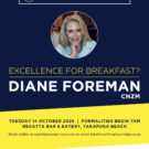 Flyer for BEN Breakfast with Diane Foreman CNZM, highlighting her business achievements and event details for 14 October, 2025 at Regatta, Takapuna Beach.