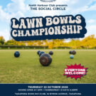 Promotional poster for North Harbour Club’s Lawn Bowls Championship on Thursday 22 October 2026 at Takapuna Bowling Club, with event details, pricing, and booking information.
