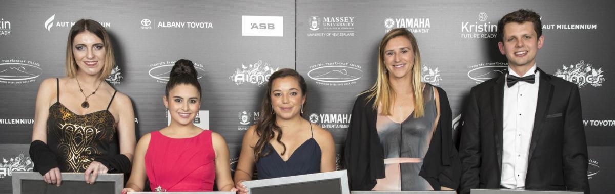 2017 AIMES Award Winners who were at the gala dinner held at the Bruce Mason Centre on Takapuna. From left: Melanie Bracewell, Alexia Hilbertidou, Alex Maloney, Molly Meech and Lewis Fry.